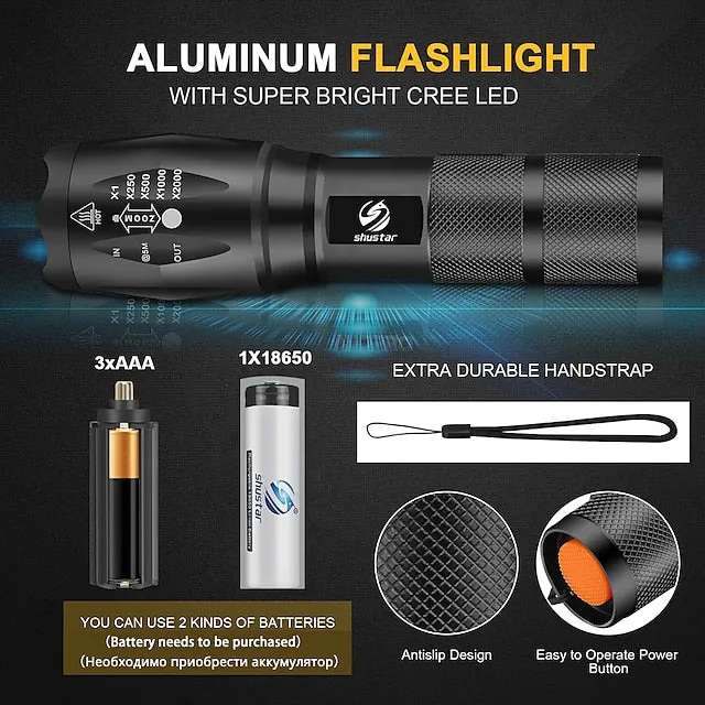 LED Flashlight Ultra Bright Torch L2/V6 Camping Light 5 Switch Modes Waterproof Zoomable Torch Light Emergency Use 18650 Battery