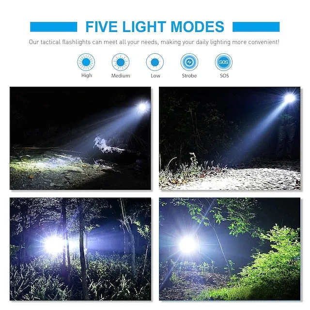LED Flashlight Ultra Bright Torch L2/V6 Camping Light 5 Switch Modes Waterproof Zoomable Torch Light Emergency Use 18650 Battery