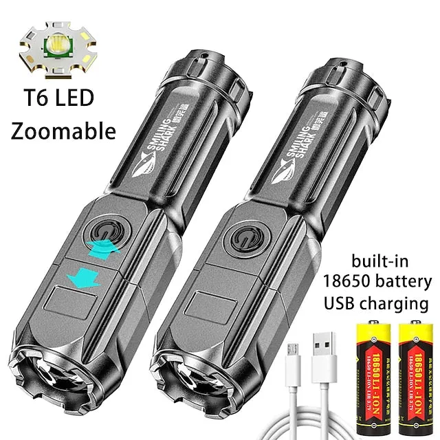 LED Flashlight USB Super Bright Zoomable USB Rechargeable T6 Tactical Torch for Camping Hiking Fishing Outdoor Hunting 3.7V