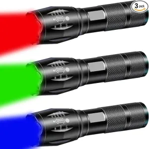 LED Flashlights 3 Pack, High Lumens Waterproof Red Light Flashlight, Green Light Flashlight, Blue Light Flashlight & White Light Combo Torch for Night Observation, Camping, Outdoor Home