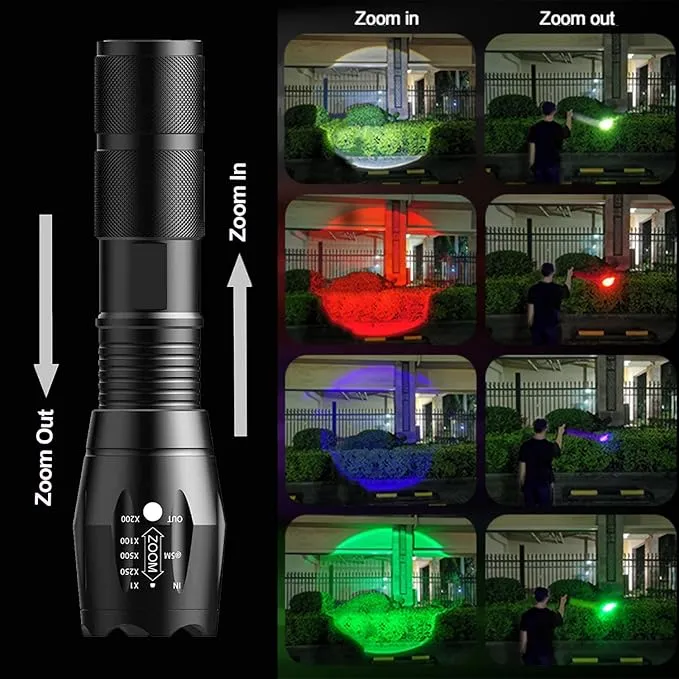 LED Flashlights 3 Pack, High Lumens Waterproof Red Light Flashlight, Green Light Flashlight, Blue Light Flashlight & White Light Combo Torch for Night Observation, Camping, Outdoor Home