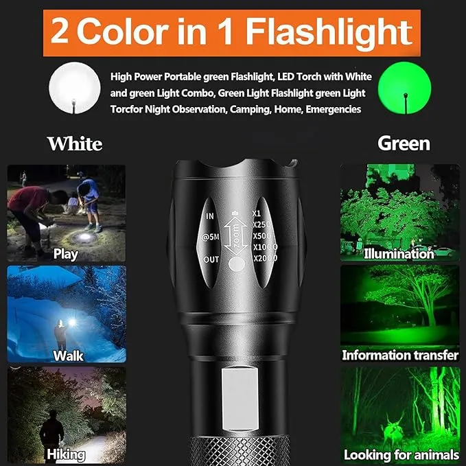 LED Flashlights 3 Pack, High Lumens Waterproof Red Light Flashlight, Green Light Flashlight, Blue Light Flashlight & White Light Combo Torch for Night Observation, Camping, Outdoor Home