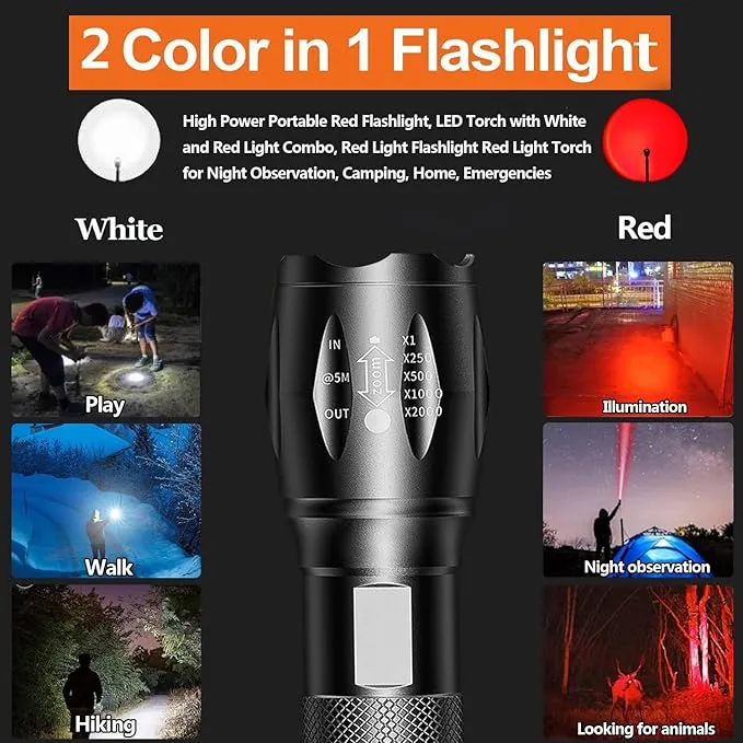 LED Flashlights 3 Pack, High Lumens Waterproof Red Light Flashlight, Green Light Flashlight, Blue Light Flashlight & White Light Combo Torch for Night Observation, Camping, Outdoor Home