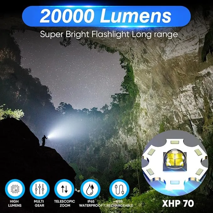 Led Flashlights High Lumens Rechargeable - 990,000LM XHP70 Led Flashlight, Super Bright Flashlight USB Powerful Waterproof Flashlight, Rechargeable Flashlight for Gift Emergencies Camping Home