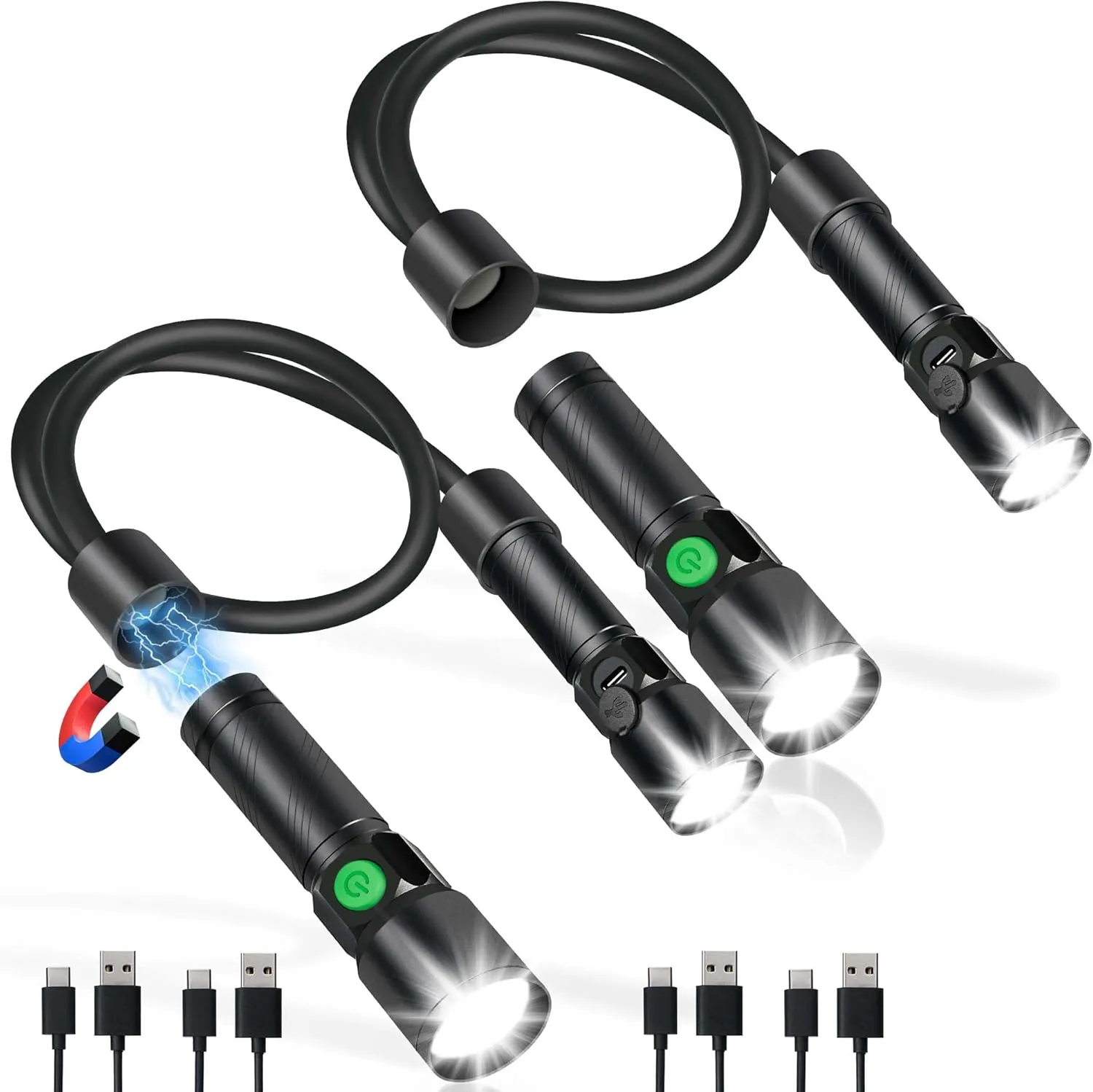 LED Neck Light, 2Pack 1800Lumens Rechargeable Neck Flashlight with Magnetic Base, Detachable Neck Work Light with Zoomable Flashlight, Flexible Around Mechanic Neck Lamp for Car Repairing Reading