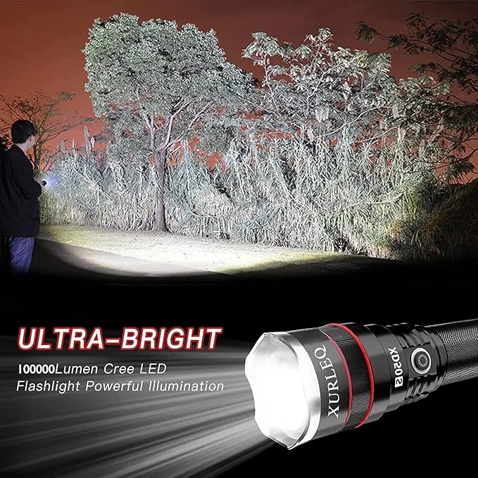 LED Rechargeable Flashlight, 100000 High Lumen Zoomable Tactical Flashlights with 4 Light Modes & Batteries, Super Bright Waterproof Work Flash Light for Outdoor Camping Hiking