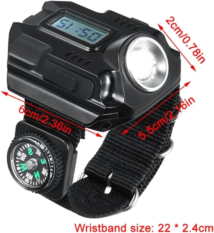 LED Wrist Flashlight Rechargeable Compass Watch Light Portable Wrist Light XPE Outdoor Camping Hiking Lighting Tool