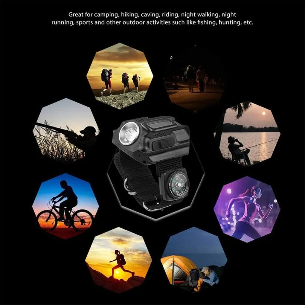 LED Wrist Flashlight Rechargeable Compass Watch Light Portable Wrist Light XPE Outdoor Camping Hiking Lighting Tool