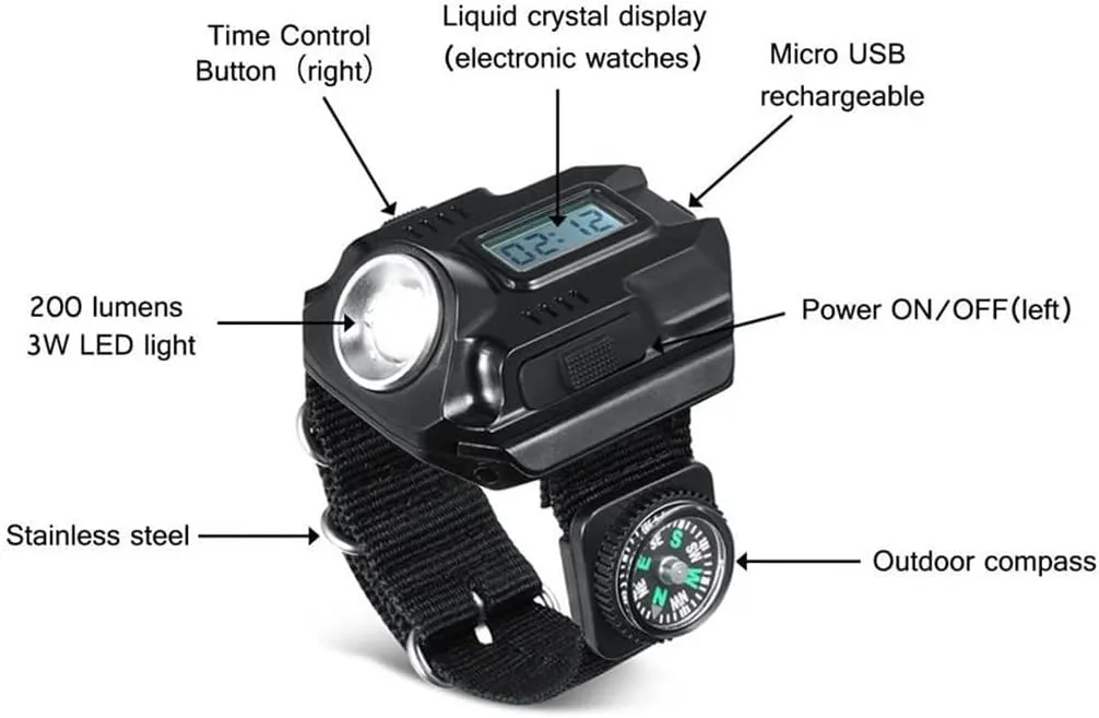 LED Wrist Flashlight Rechargeable Compass Watch Light Portable Wrist Light XPE Outdoor Camping Hiking Lighting Tool
