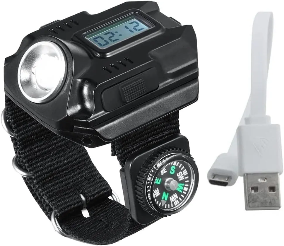 LED Wrist Flashlight Rechargeable Compass Watch Light Portable Wrist Light XPE Outdoor Camping Hiking Lighting Tool