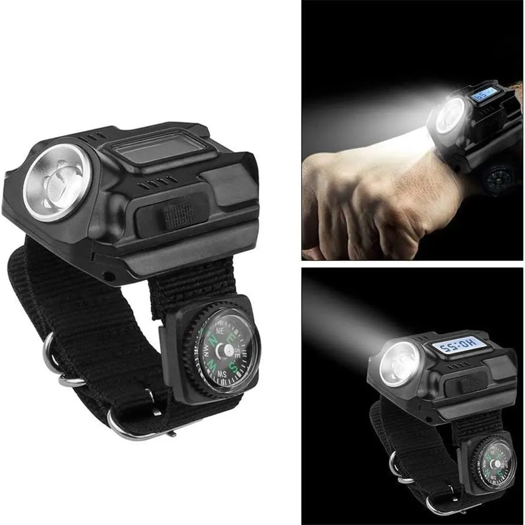 LED Wrist Flashlight Rechargeable Compass Watch Light Portable Wrist Light XPE Outdoor Camping Hiking Lighting Tool