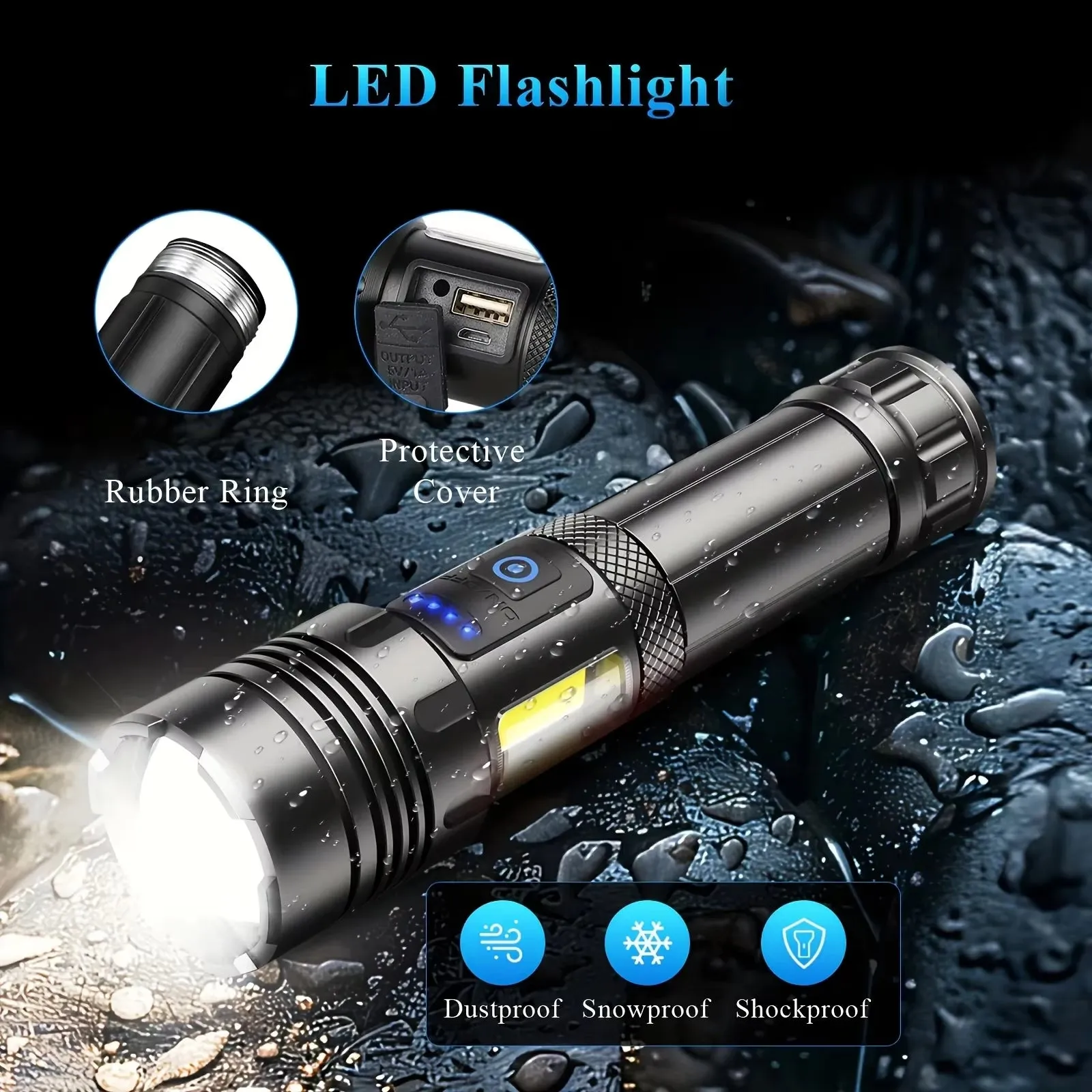 LED Zoomable Flashlight with 90000 Lumens & 7 Modes for Outdoor Hiking & Camping