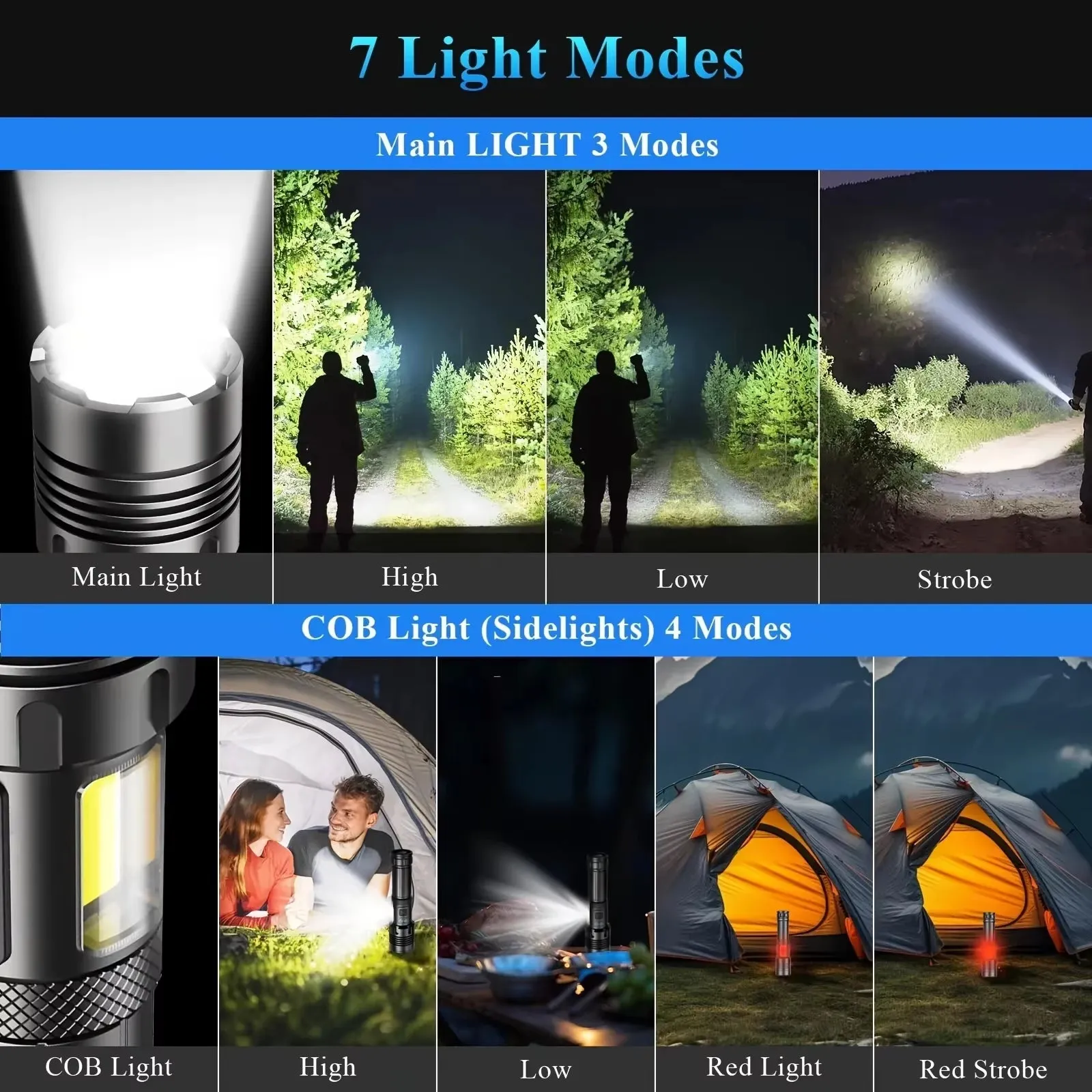 LED Zoomable Flashlight with 90000 Lumens & 7 Modes for Outdoor Hiking & Camping