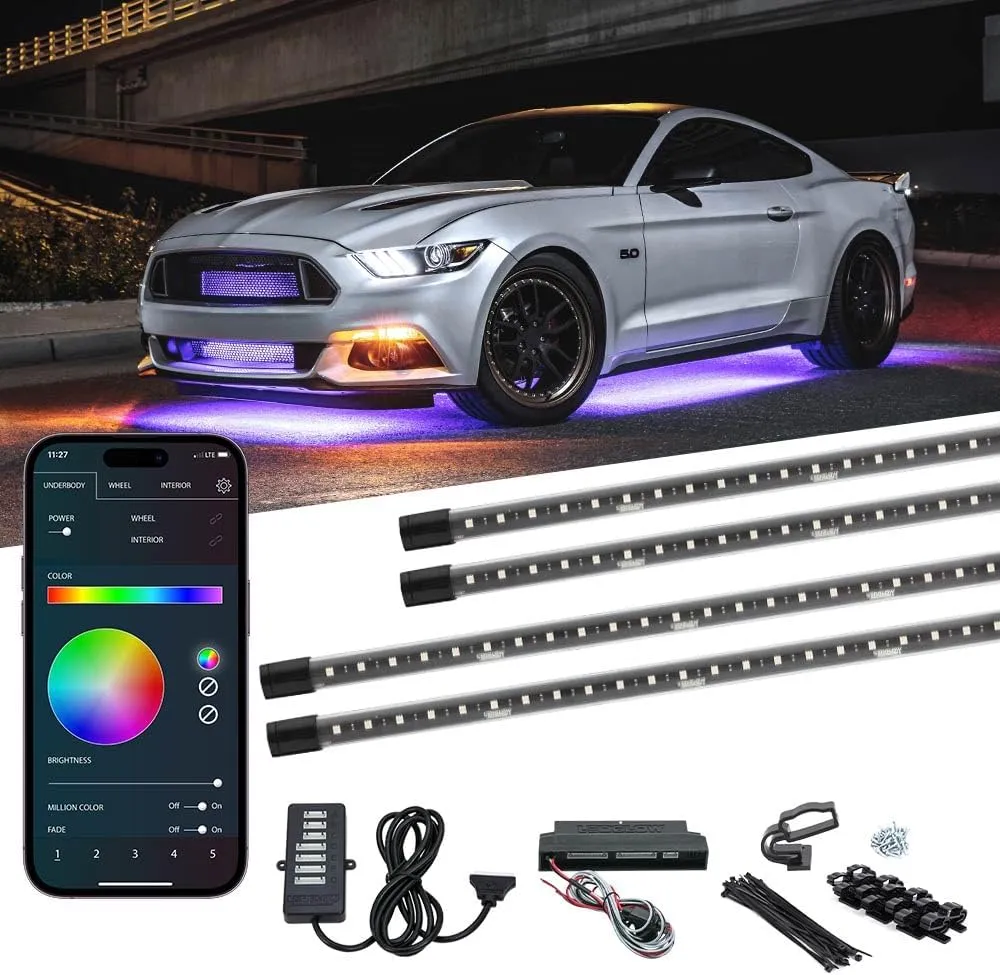 LEDGlow 4pc Bluetooth Million Color LED Underbody Underglow Accent Lighting Kit for Cars - Smartphone App - Courtesy Lights - Create Any Color - Water Resistant Tubes - Control Box