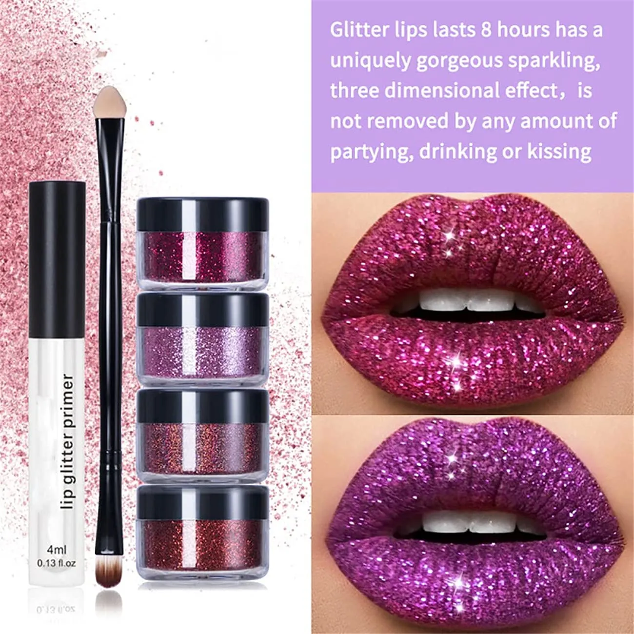 LELEBEAR Glitter Lip Gloss Set, 4 Colors Diamond Glitter Metallic Lipstick Waterproof and Stain Resistant Lip Balm with Lip Gloss and Brush (Warm colors, Medium)