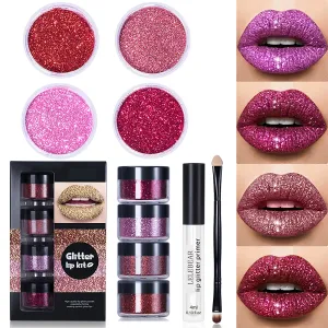 LELEBEAR Glitter Lip Gloss Set, 4 Colors Diamond Glitter Metallic Lipstick Waterproof and Stain Resistant Lip Balm with Lip Gloss and Brush (Warm colors, Medium)