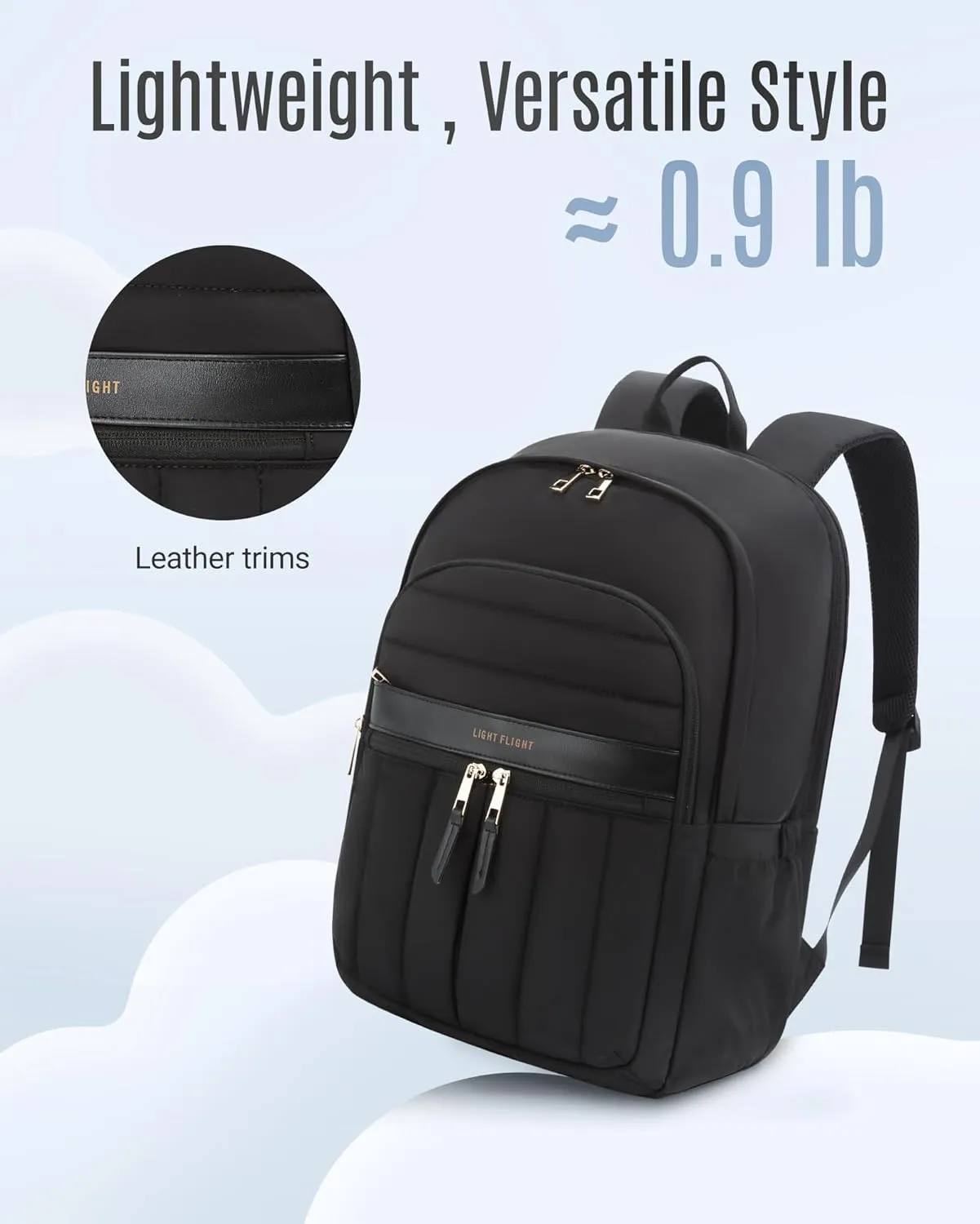 LIGHT FLIGHT Puffy Laptop Backpack for Women with USB Hole, Water Resistant 15.6 Inch Quilted Bag for Travel and Work - Black
