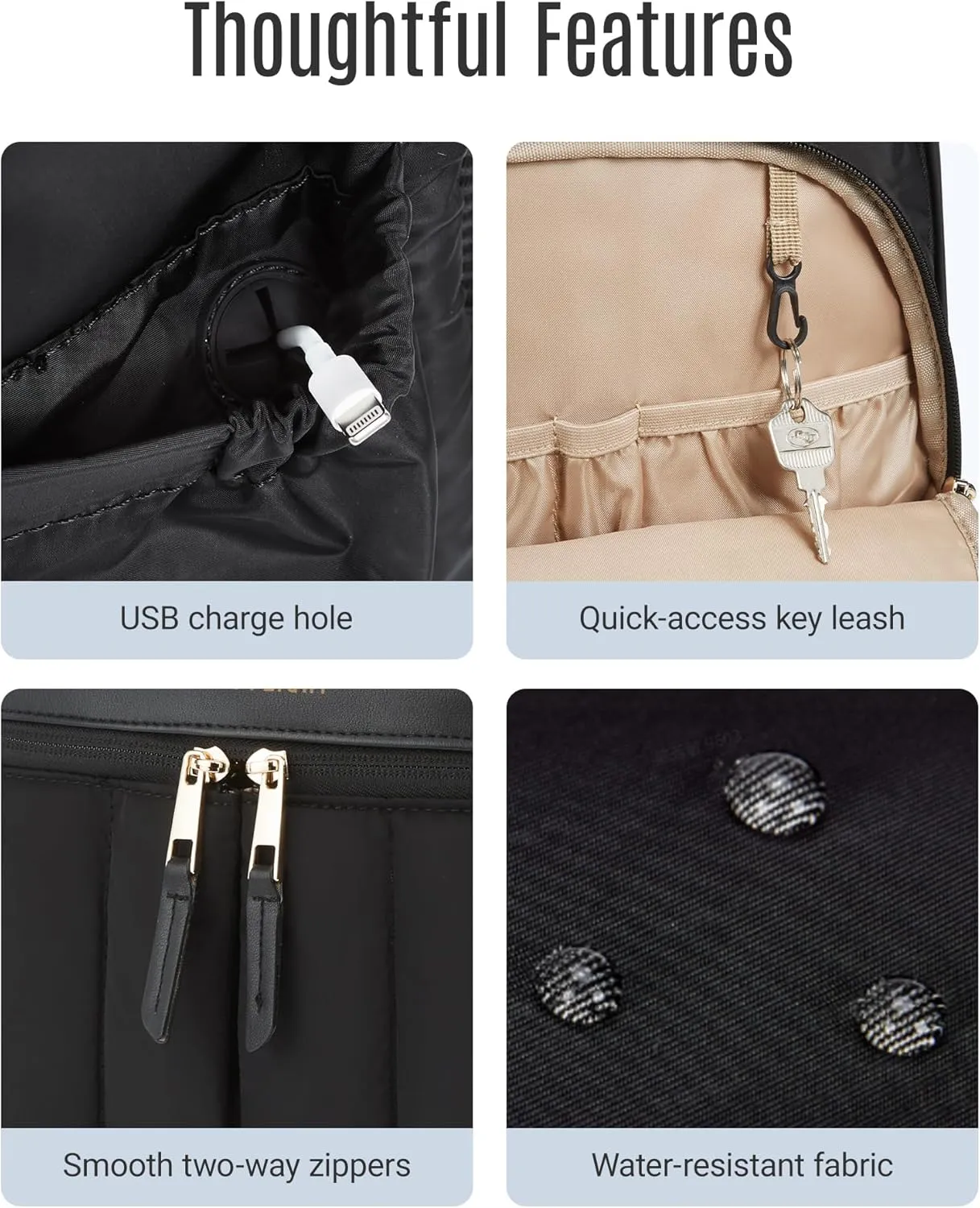 LIGHT FLIGHT Puffy Laptop Backpack for Women with USB Hole, Water Resistant 15.6 Inch Quilted Bag for Travel and Work - Black