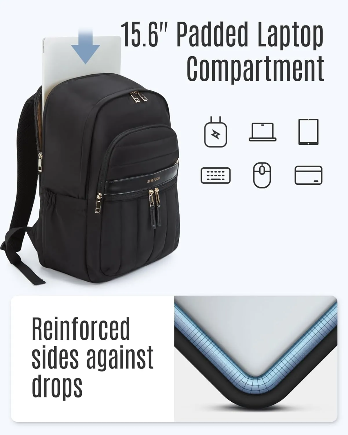 LIGHT FLIGHT Puffy Laptop Backpack for Women with USB Hole, Water Resistant 15.6 Inch Quilted Bag for Travel and Work - Black