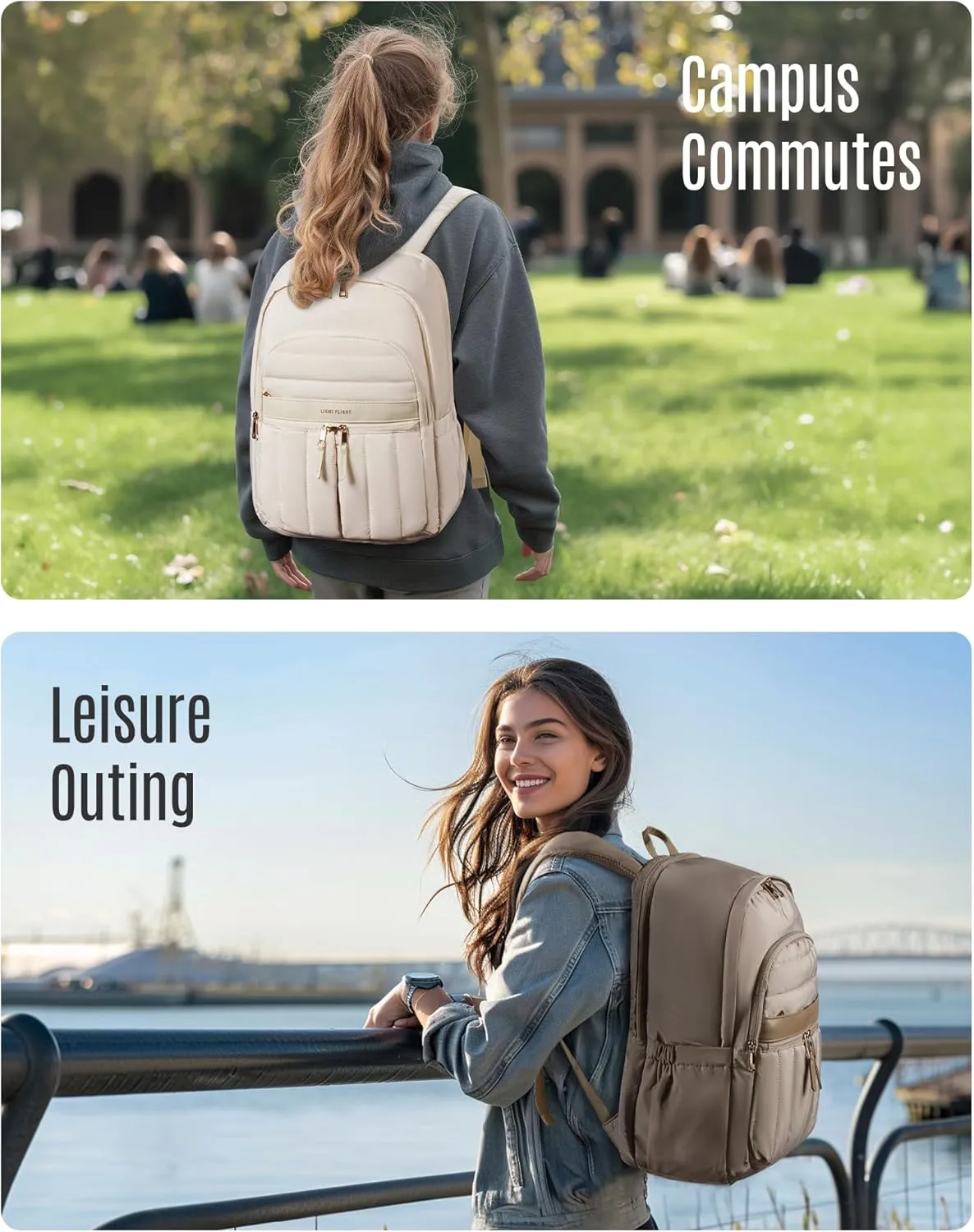 LIGHT FLIGHT Puffy Laptop Backpack for Women with USB Hole, Water Resistant 15.6 Inch Quilted Bag for Travel and Work - Black