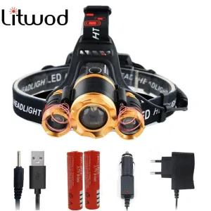 Litwod Z102303 LED headlamp Headlight chips 3LED 1T6 2Q5 led Head Flashlight Lamp Lantern 18650 rechargeable battery & charger