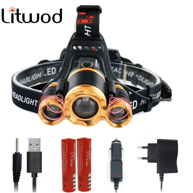 Litwod Z102303 LED headlamp Headlight chips 3LED 1T6 2Q5 led Head Flashlight Lamp Lantern 18650 rechargeable battery & charger