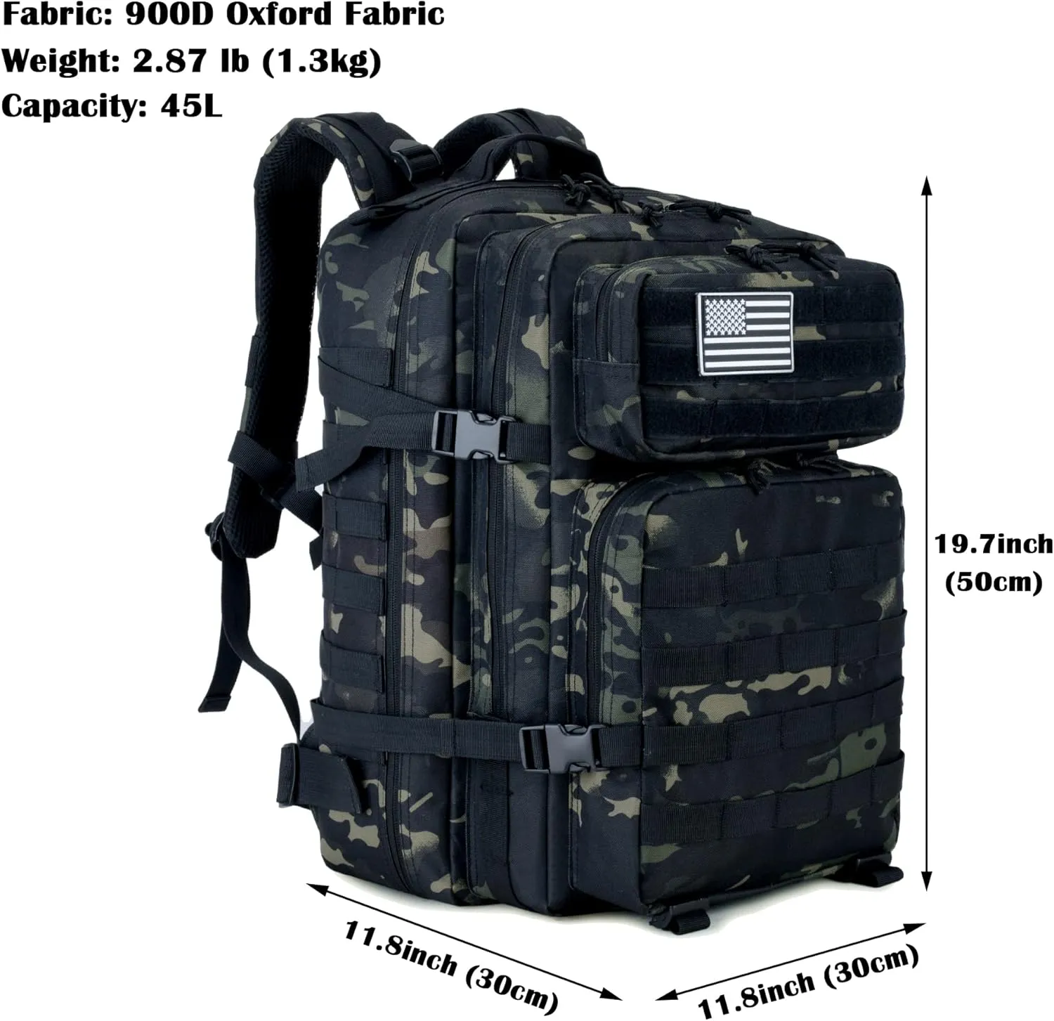 Long Keeper Military Tactical Backpack - Men 45L 3 Days Large Army Molle System Camping Hiking Bags Rucksack (Black CP Camo)