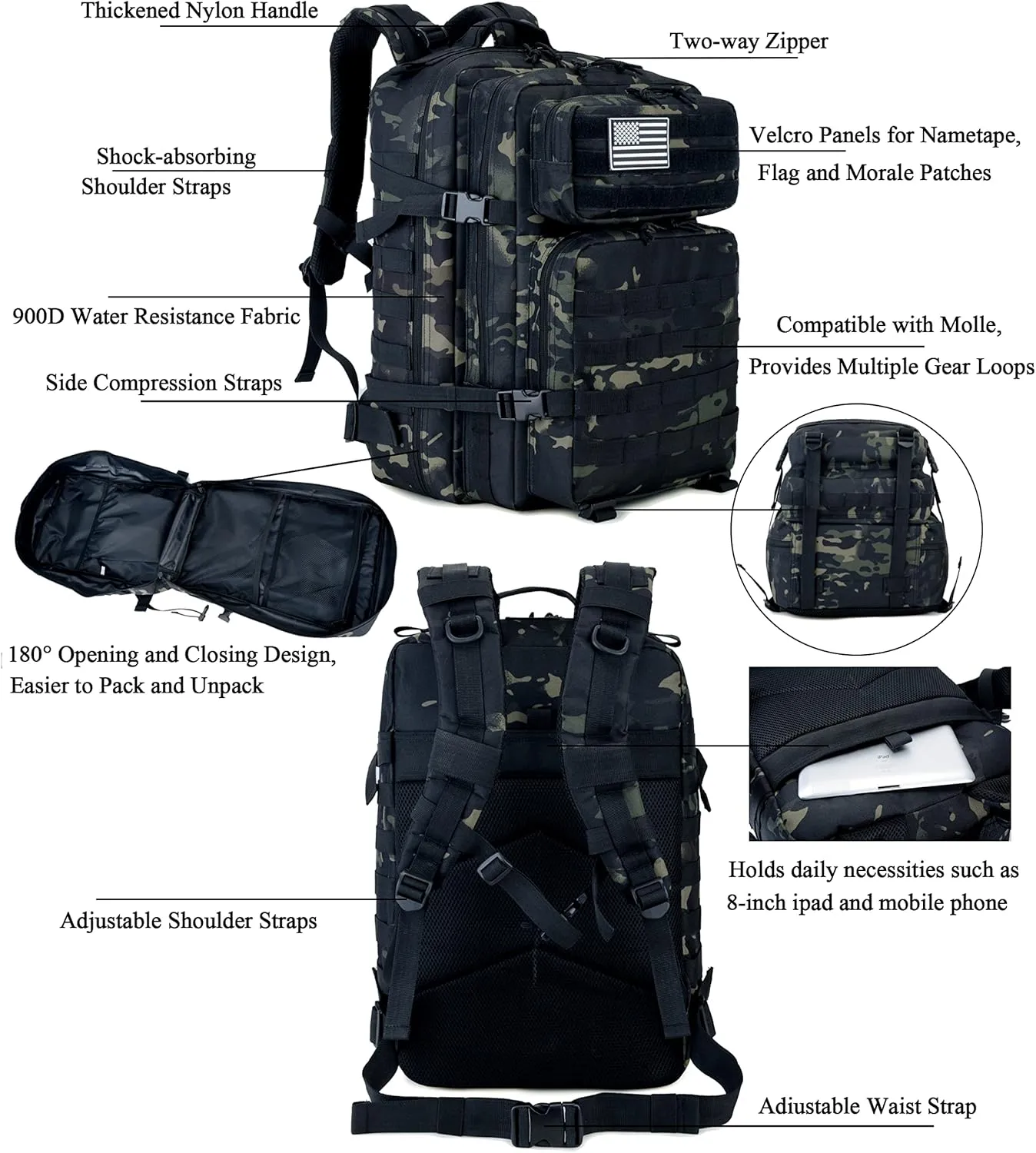 Long Keeper Military Tactical Backpack - Men 45L 3 Days Large Army Molle System Camping Hiking Bags Rucksack (CP Camo)