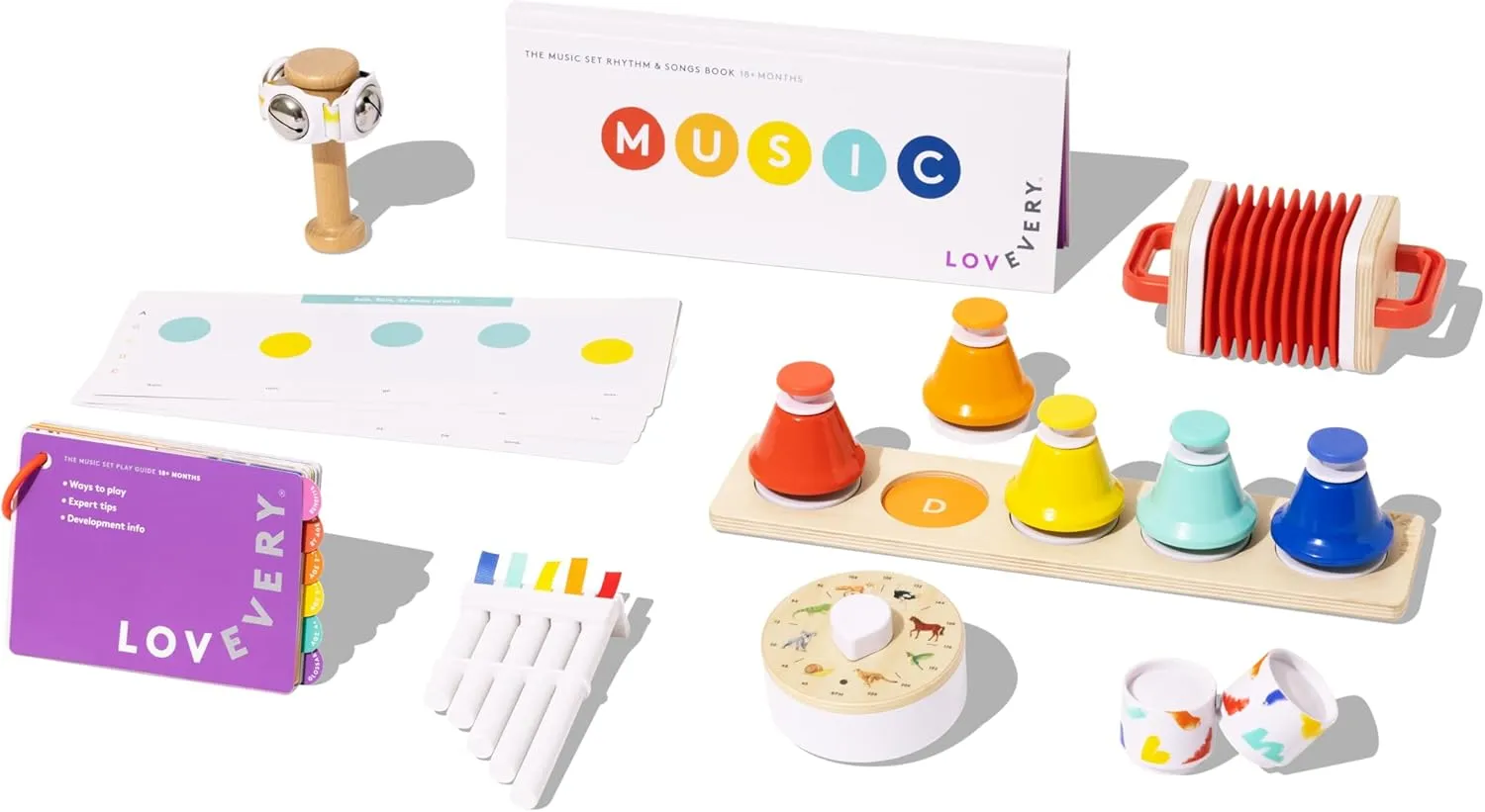 Lovevery | The Music Set | 6 Montessori Musical Instruments & Rhythm Book | Educational Toys for Toddlers & Preschoolers | Simple Songs and Play Guide | Ages 18 Months to 4  Years