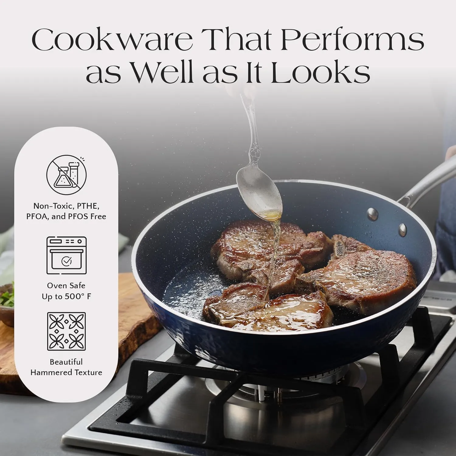 Luxurious Non-Stick Ceramic 3 Piece Blue Hammered Cookware Set, Lightweight, Scratch-Resistant, Dishwasher Safe, Oven Safe up to 500°F, Suitable for All Stove Types