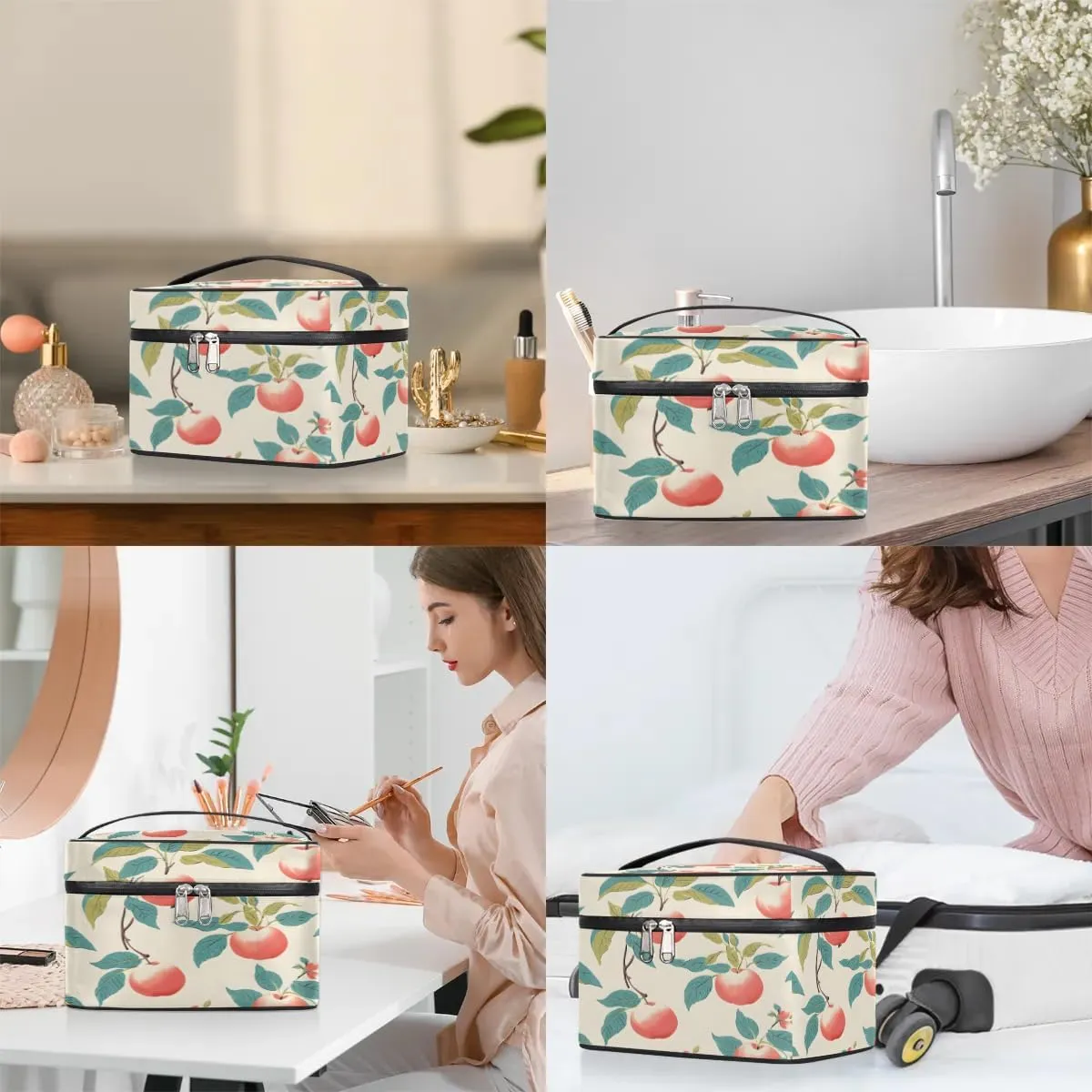 Makeup Bag Large Peach Print Toiletry Bag for Women Travel Cosmetic Bag Portable Makeup Bag for Bottles Brushes Lipstick Skin Care