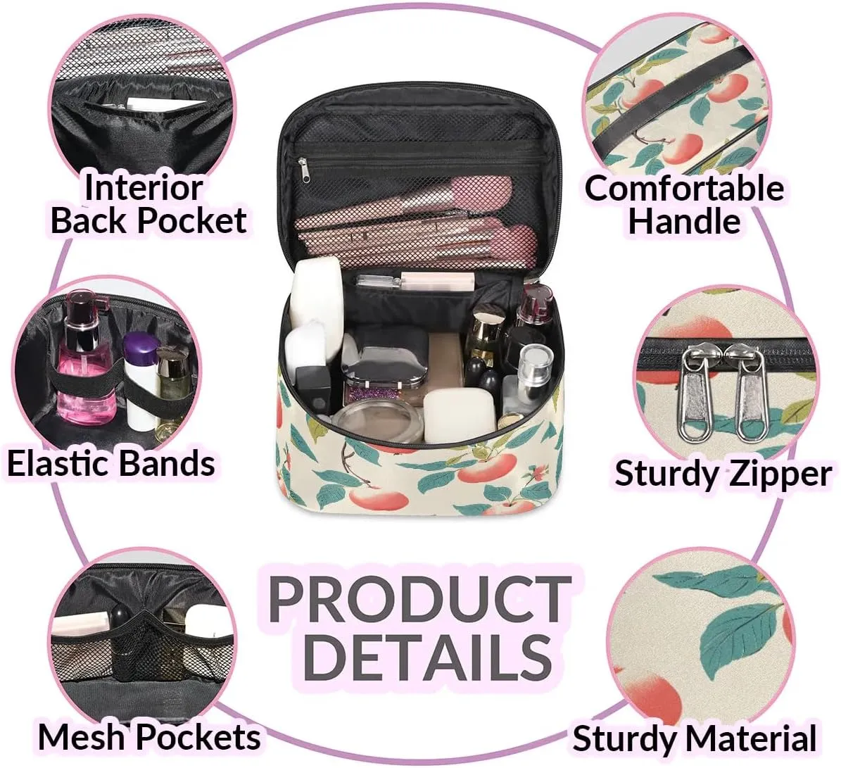 Makeup Bag Large Peach Print Toiletry Bag for Women Travel Cosmetic Bag Portable Makeup Bag for Bottles Brushes Lipstick Skin Care