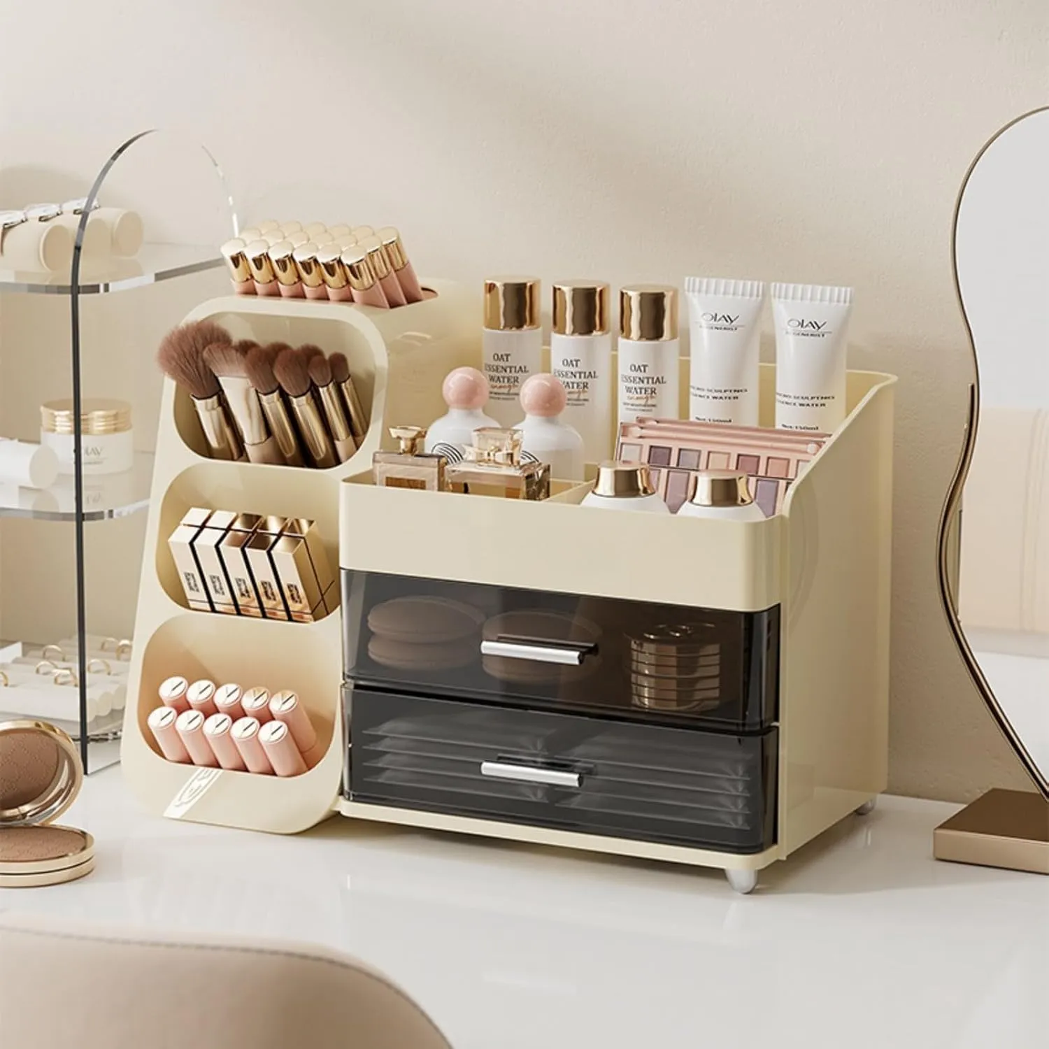Makeup Organizer with Drawers,Large Capacity Countertop Organizer for Vanity,Bathroom and Bedroom Desk Cosmetics Organizer,Easy To Storage Skincare,Brushes, Eyeshadow, Lotions, Lipstick (Cream)