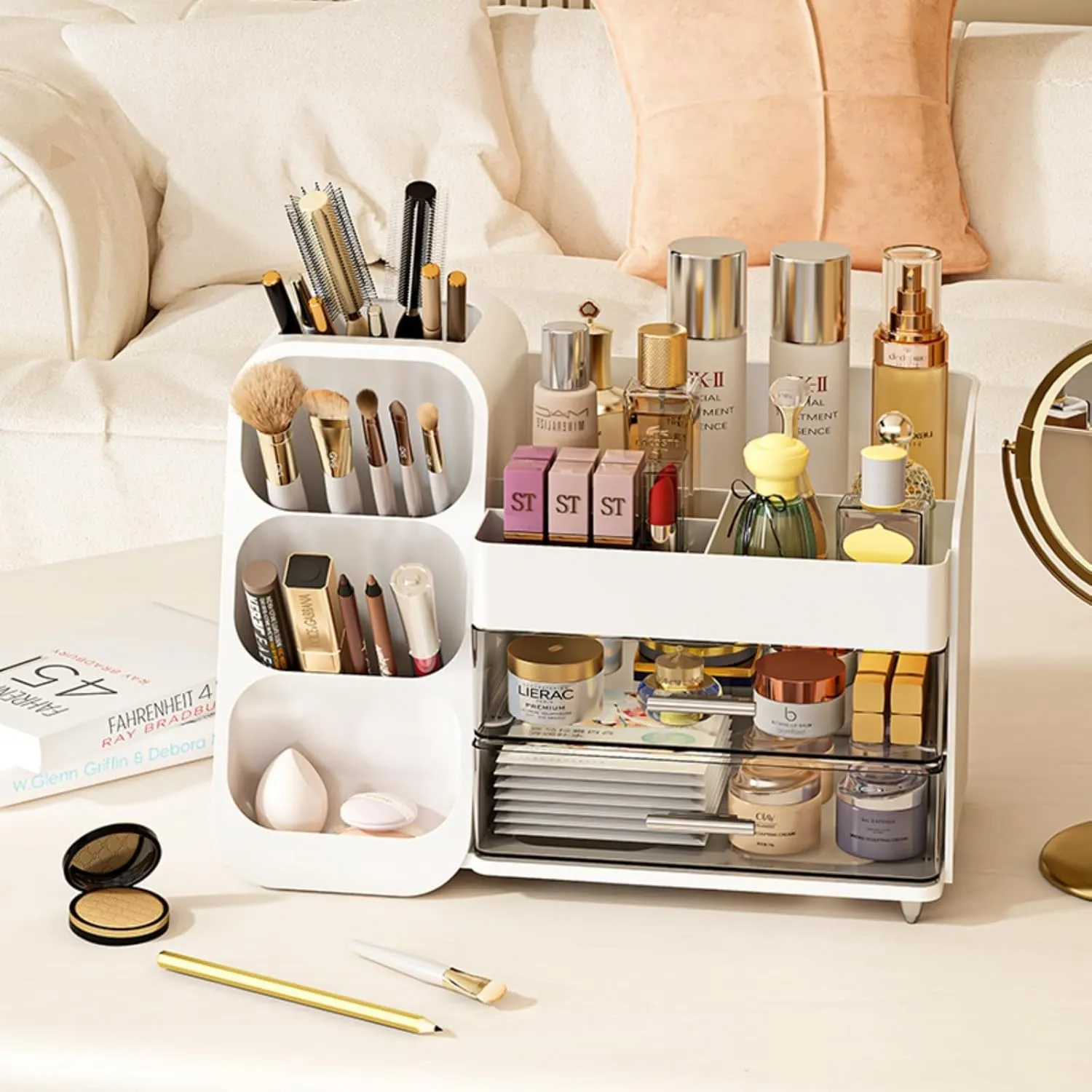 Makeup Organizer with Drawers,Large Capacity Countertop Organizer for Vanity,Bathroom and Bedroom Desk Cosmetics Organizer,Easy To Storage Skincare,Brushes, Eyeshadow, Lotions, Lipstick (Pink)