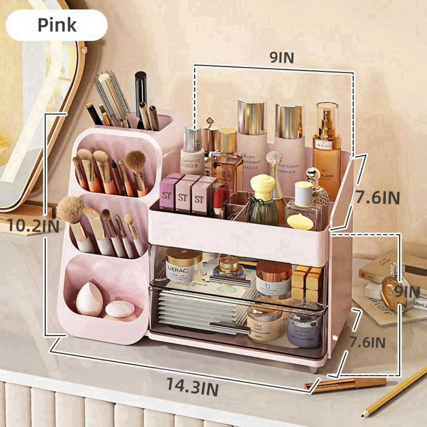 Makeup Organizer with Drawers,Large Capacity Countertop Organizer for Vanity,Bathroom and Bedroom Desk Cosmetics Organizer,Easy To Storage Skincare,Brushes, Eyeshadow, Lotions, Lipstick (Pink)