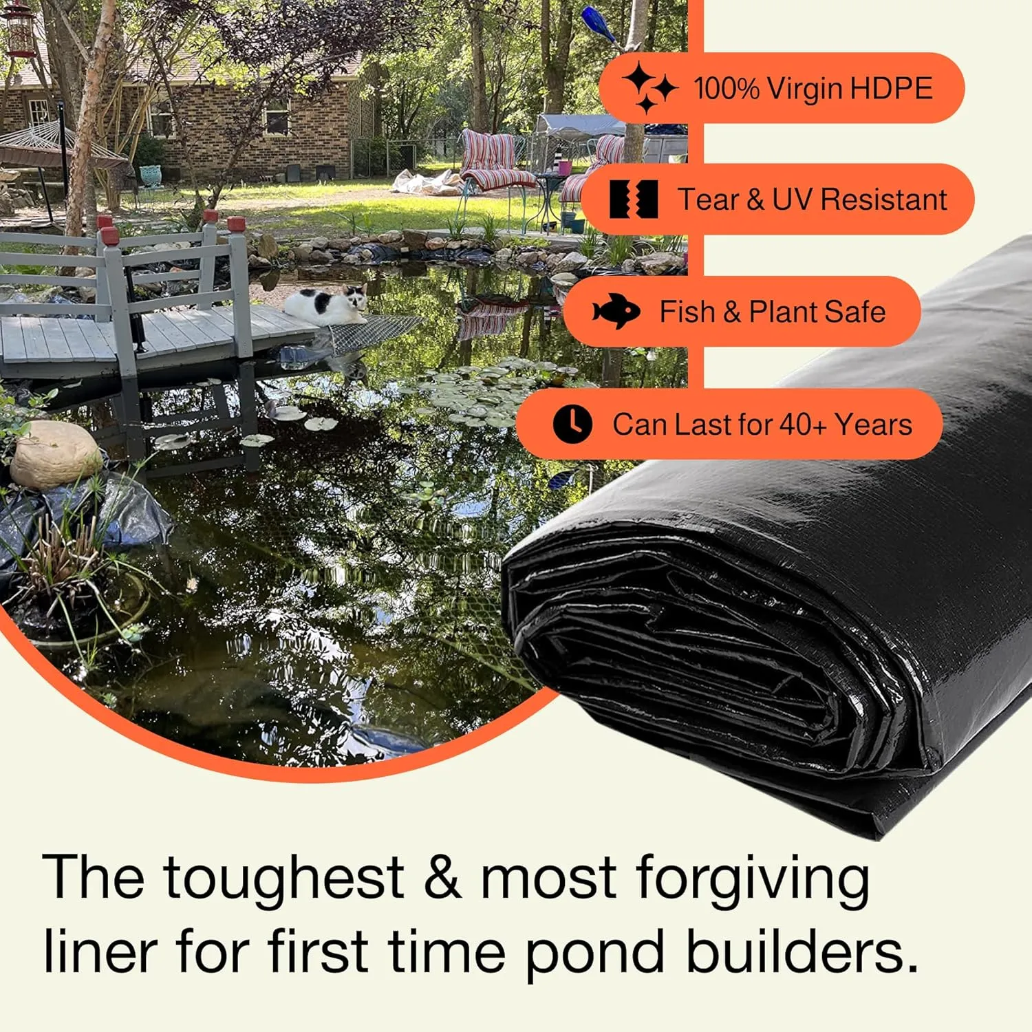 MaPorch 20 x 30 FT Black Waterproof Pond Liner, HDPE Black - Reinforced Polyethylene 20 Mil for Fish Koi Pond, Fountain, Waterfall, Tank, UV Resistant RPE Pool, and Outdoor Use