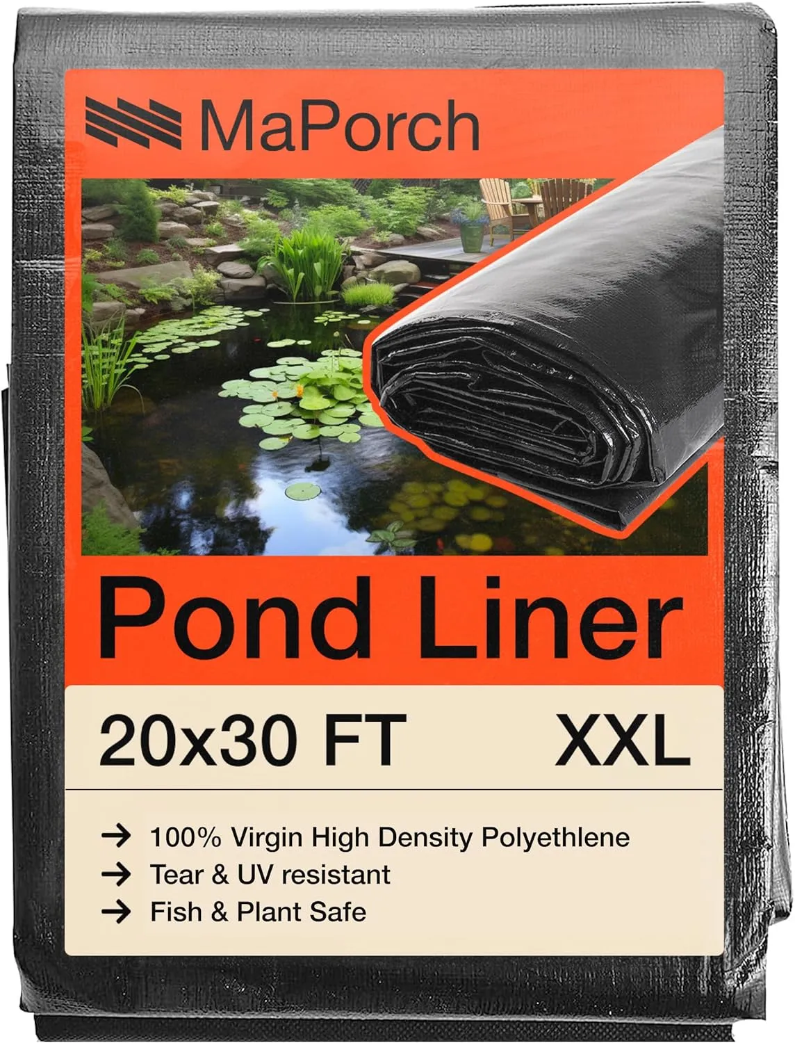 MaPorch 20 x 30 FT Black Waterproof Pond Liner, HDPE Black - Reinforced Polyethylene 20 Mil for Fish Koi Pond, Fountain, Waterfall, Tank, UV Resistant RPE Pool, and Outdoor Use