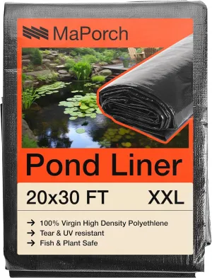 MaPorch 20 x 30 FT Black Waterproof Pond Liner, HDPE Black - Reinforced Polyethylene 20 Mil for Fish Koi Pond, Fountain, Waterfall, Tank, UV Resistant RPE Pool, and Outdoor Use