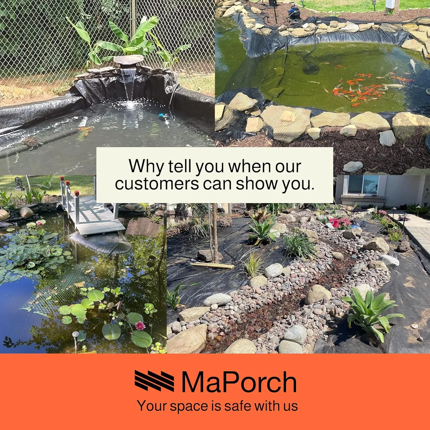 MaPorch 20 x 30 FT Black Waterproof Pond Liner, HDPE Black - Reinforced Polyethylene 20 Mil for Fish Koi Pond, Fountain, Waterfall, Tank, UV Resistant RPE Pool, and Outdoor Use