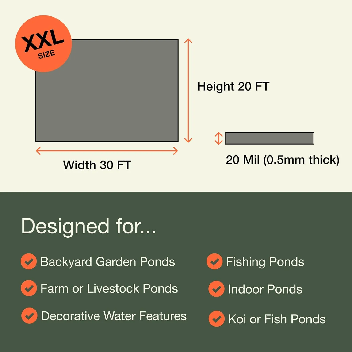 MaPorch 20 x 30 FT Black Waterproof Pond Liner, HDPE Black - Reinforced Polyethylene 20 Mil for Fish Koi Pond, Fountain, Waterfall, Tank, UV Resistant RPE Pool, and Outdoor Use