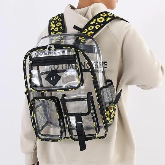 Men's and Women's Transparent Backpack with Large Capacity Graffiti Pattern PVC Material Backpack, Suitable for Daily Use and Travel Use,Black Daisy