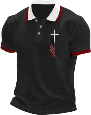 Men's Polo Shirt Short Sleeve Quick Dry American Flag Print Graphic Split Color Golf Shirt for Sport