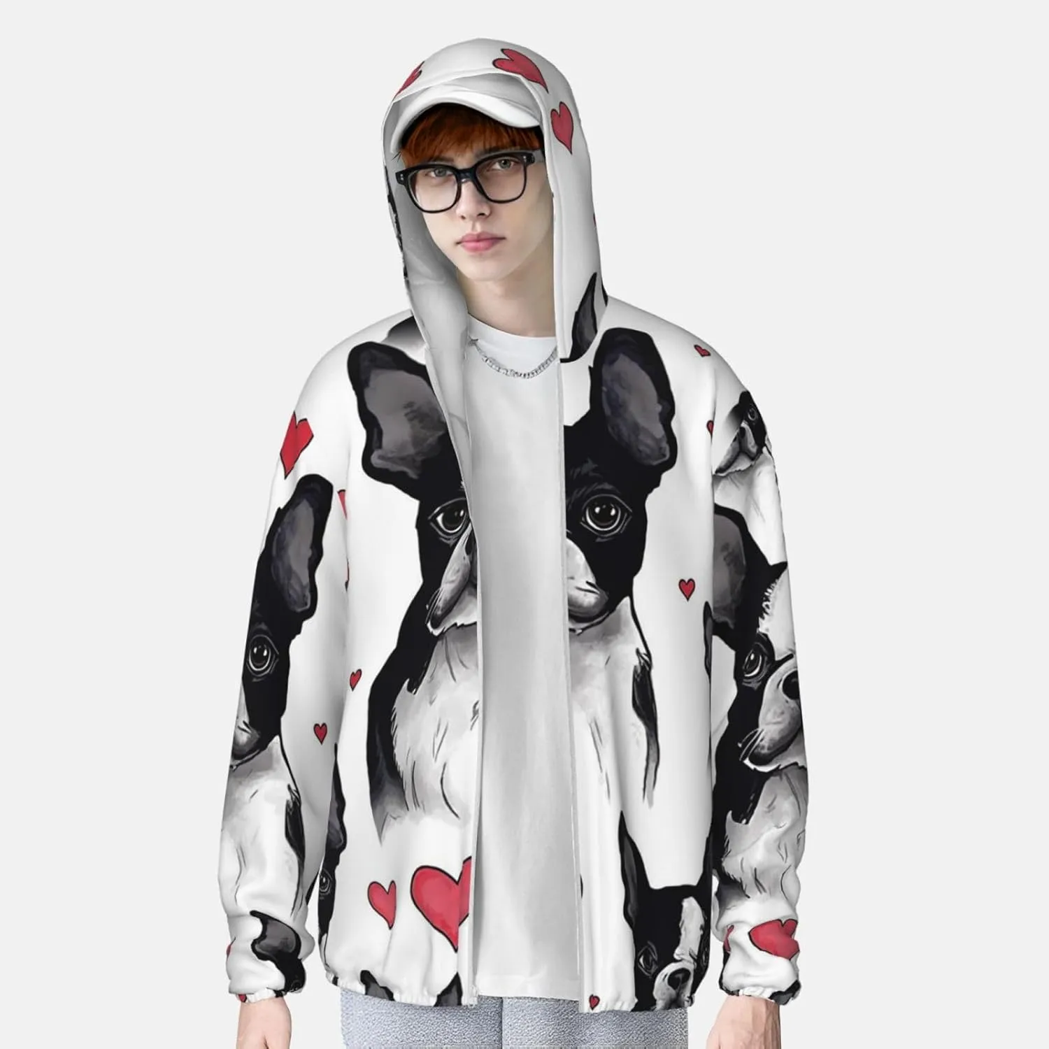 Men's UPF 50  Sun Protection Hoodie Boston Terrier Dog Long Sleeve Sun Shirts Full Zip Light Fishing Jacket