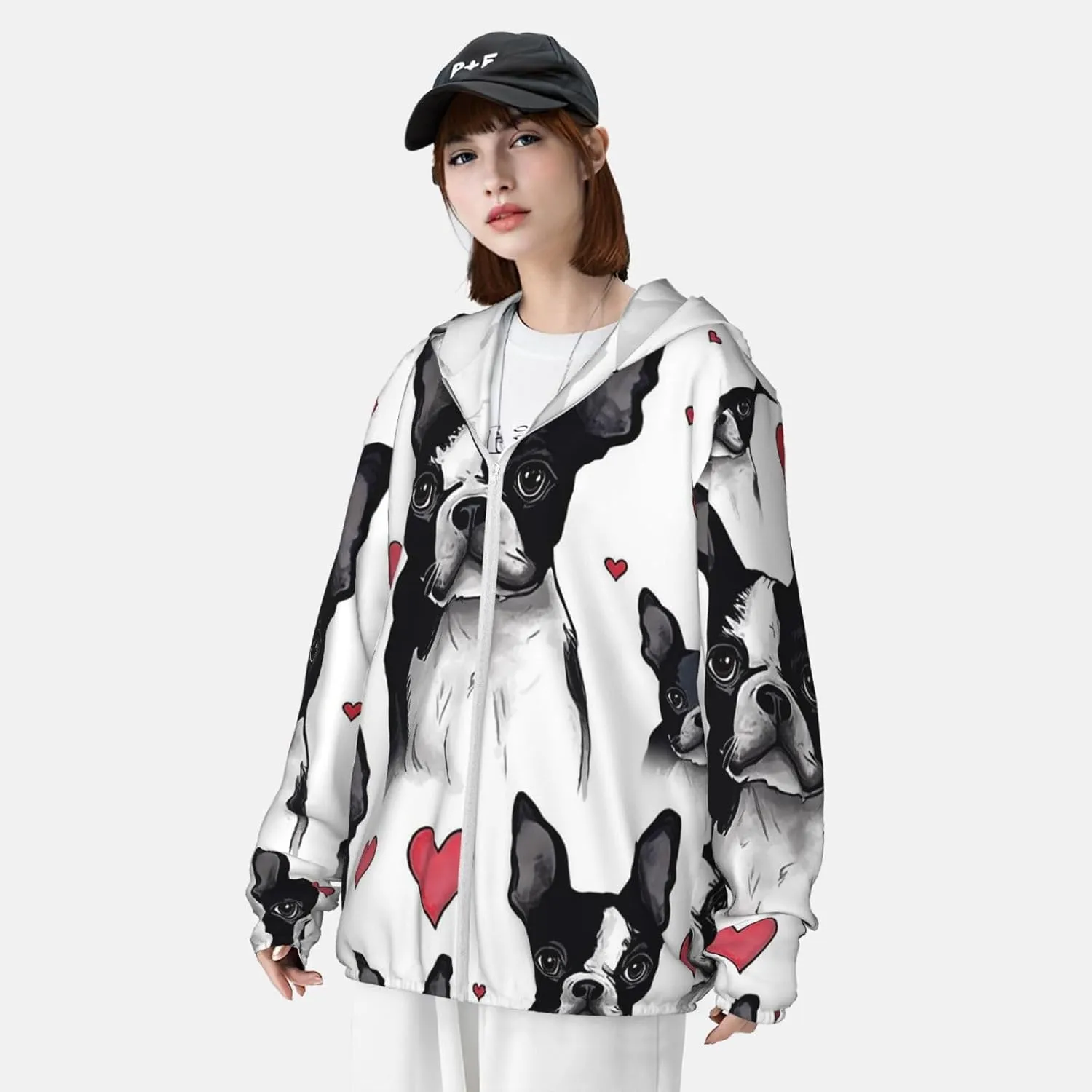 Men's UPF 50  Sun Protection Hoodie Boston Terrier Dog Long Sleeve Sun Shirts Full Zip Light Fishing Jacket