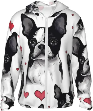 Men's UPF 50  Sun Protection Hoodie Boston Terrier Dog Long Sleeve Sun Shirts Full Zip Light Fishing Jacket