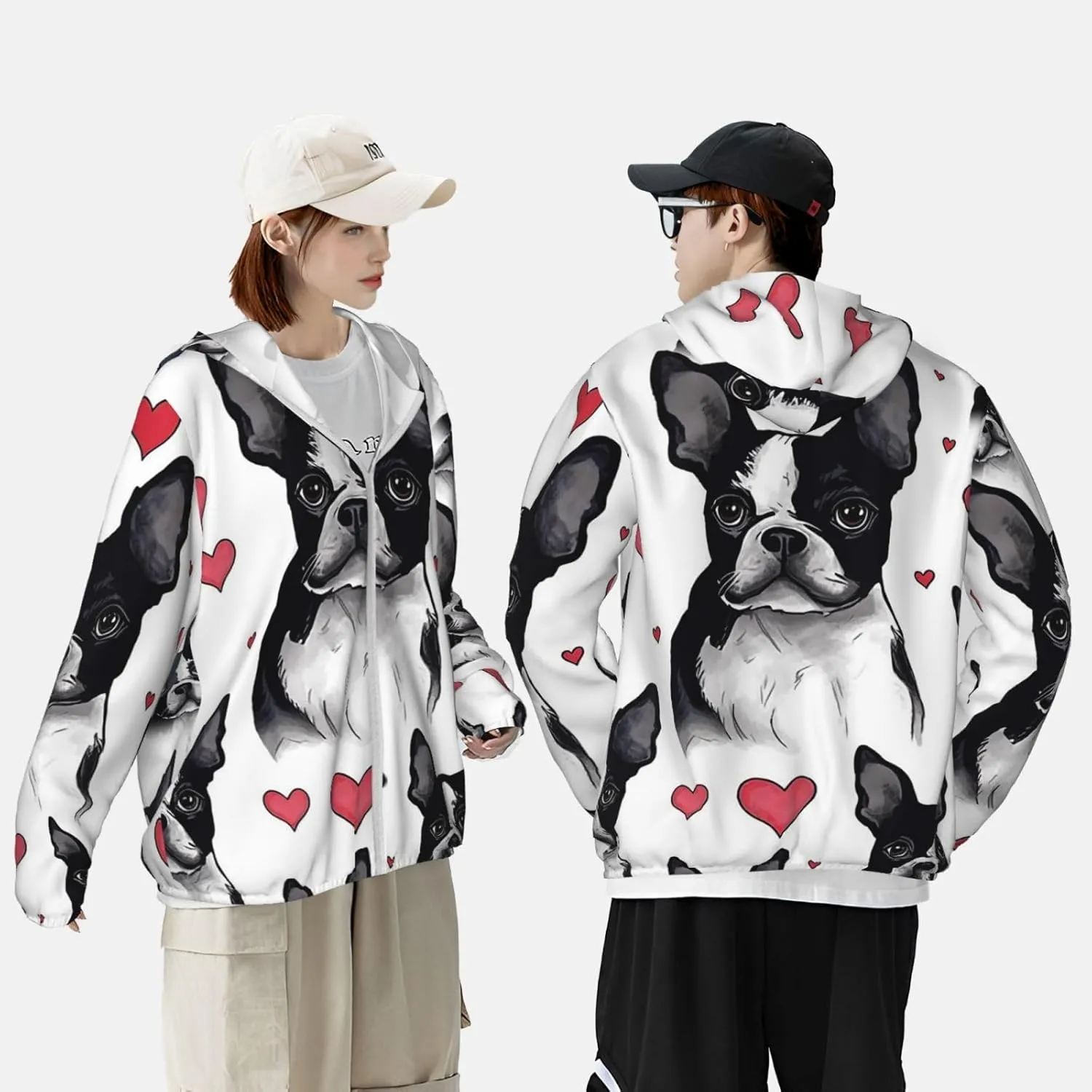 Men's UPF 50  Sun Protection Hoodie Boston Terrier Dog Long Sleeve Sun Shirts Full Zip Light Fishing Jacket