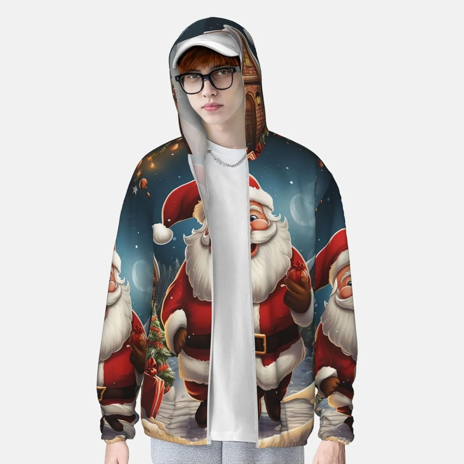 Men's UPF 50  Sun Protection Hoodie Santa christmas zoom Long Sleeve Sun Shirts Full Zip Light Fishing Jacket