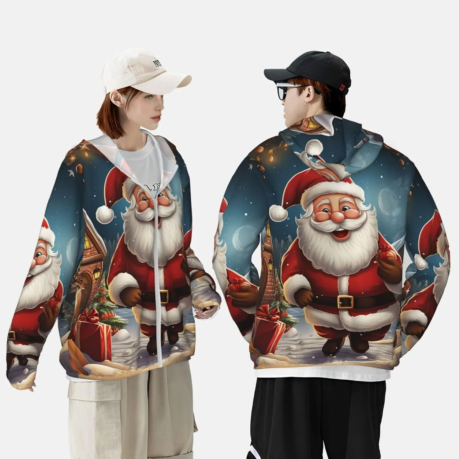 Men's UPF 50  Sun Protection Hoodie Santa christmas zoom Long Sleeve Sun Shirts Full Zip Light Fishing Jacket