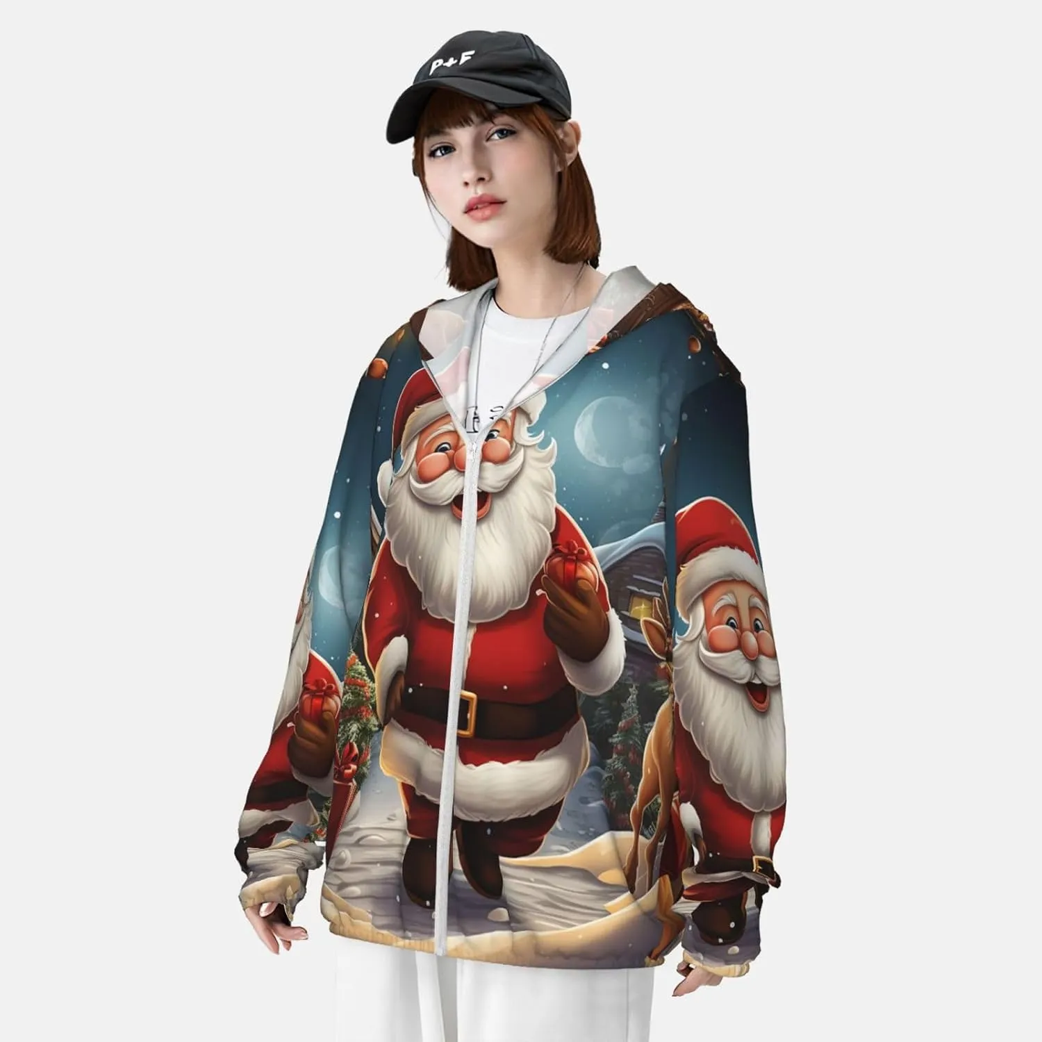 Men's UPF 50  Sun Protection Hoodie Santa christmas zoom Long Sleeve Sun Shirts Full Zip Light Fishing Jacket