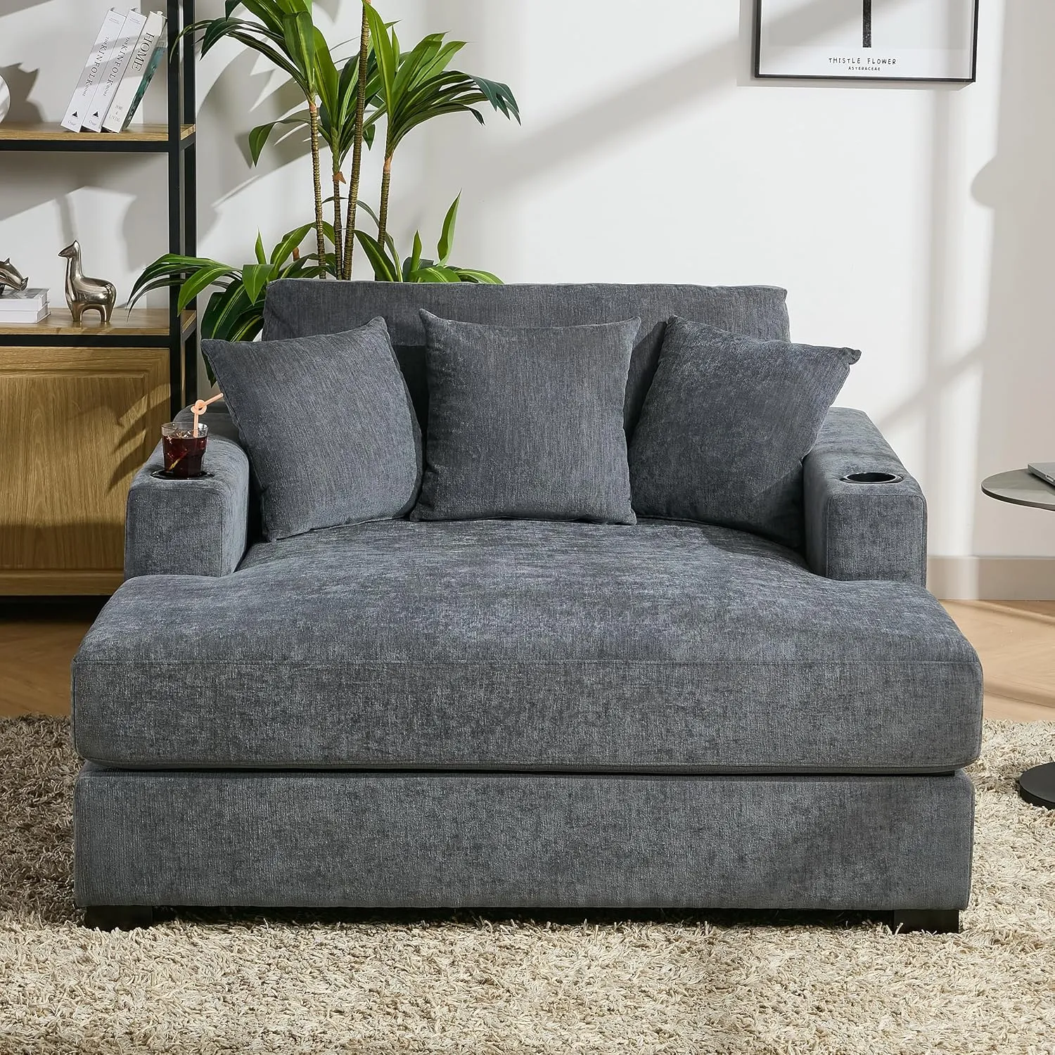 Merax Modern Upholstered Indoor Chaise Lounge with Pillows, Charge Station & Cup Holders, Single Sofa Couch with Armrest and Soild Wood Legs, Blue Gray